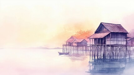 Poster - Soft watercolor illustration of a serene fishing village by the sea in early morning light. Generative AI