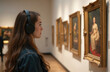 © miss irine - Young caucasian woman with headphones contemplates paintings in art gallery. Student visits arts exhibition, listens audio guide. Concept of culture education, art appreciation. Museum visit,