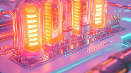 Cyberpunk led sculpture with futuristic energy drinks and neon snacks for tech conference golden hour peach soft orange champagne pastel pink 3d rendering. Golden Hour Cyberpunk. Illustration