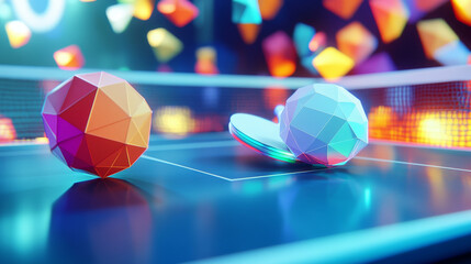 Poster - the hologram table tennis. a racket and a ball made of polygons, triangles of points and lines. pinp