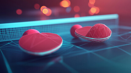 Poster - the hologram table tennis. a racket and a ball made of polygons, triangles of points and lines. pinp