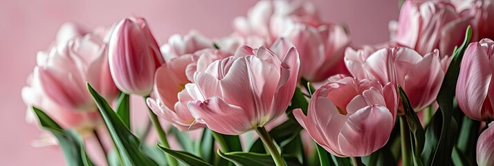 Wall Mural - Pink Tulip Bouquet on Pastel Background, gentle white and soft pink palette, St Valentine's day concept background