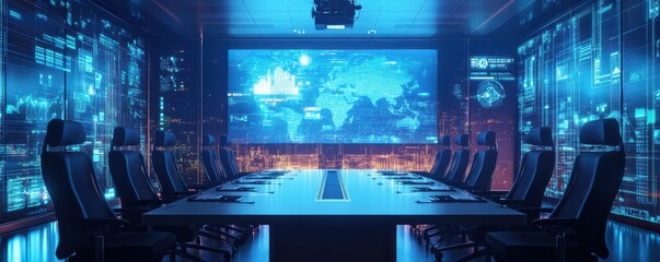Aufkleber - Futuristic conference room with digital world map and data projections