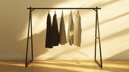 Poster - Minimalist clothing rack with neatly arranged garments in soft natural light. Generative AI