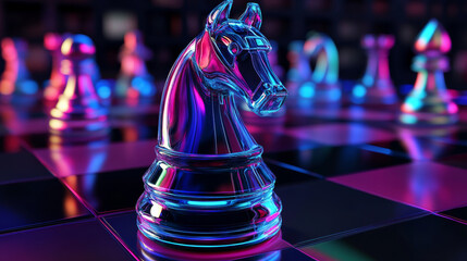 Poster - Holographic Knight's Move: Explore the future of chess with this vector art, featuring a holographic knight. A captivating blend of tradition and technology on the chessboard.