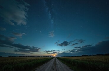 Aufkleber - Night starry sky with glowing stars above rural field landscape. Clouds overcast above country road in summer. Scenic view of night meadow at sunset. Milky way light over horizon.