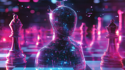 Poster - Holographic Knight's Move: Explore the future of chess with this vector art, featuring a holographic knight. A captivating blend of tradition and technology on the chessboard.