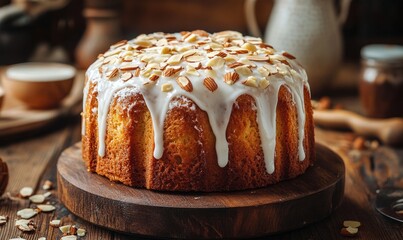 Poster - A cake with a white frosting and almonds on top