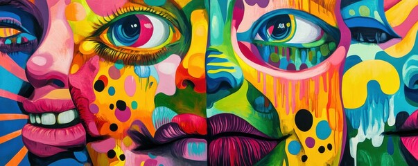 Poster - Colorful abstract faces with vibrant geometric patterns and expressive details