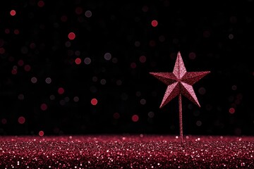 Wall Mural - Sparkling Christmas: Shiny Red Glitter and Star Lights in Abstract Defocused Background