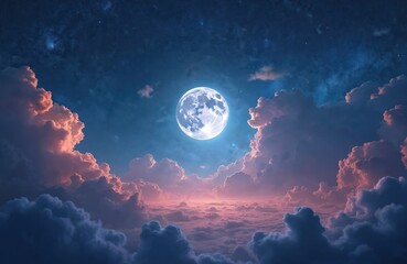 Poster - Majestic full moon shines in starry night sky with cosmic clouds and pink nebula. Deep blue space view with bright starlight and lunar glow, flocking dreamy celestial atmosphere.