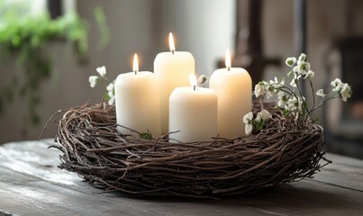 Poster - A wicker basket filled with candles and flowers