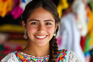 Wall Mural - Hispanic young female smiling in colorful traditional attire with braided hair