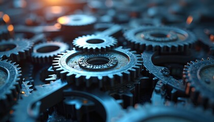 Poster - Interlocking gears rotate in blue, orange light. Complex mechanism, machinery, engineering. Metal, steel industrial background. Connection, system, teamwork, clockwork precision. Mechanic engine