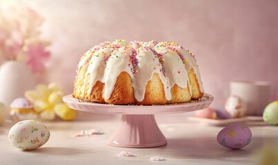 Poster - A white cake with sprinkles on top of a pink cake stand