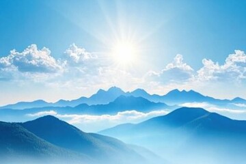 Poster - Majestic mountain range under soft clouds and bright sun with open space for creativity. Generative AI