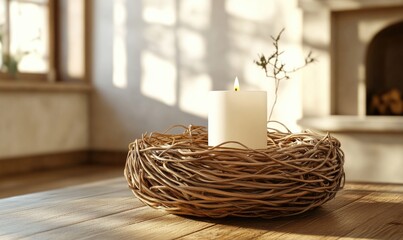 Wall Mural - A candle is lit in a basket made of twigs