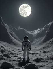 Poster - Astronaut standing in moonlit crater, surrounded by rugged lunar landscape. Majestic full moon illuminates solitude, mystery space exploration. Lunar surface scientific adventure, cosmic travel into