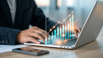 Poster - AI-Powered Business Growth: Strategic Planning & Financial Analysis. Businessmen examining upward trending graph, visualizing future success and      