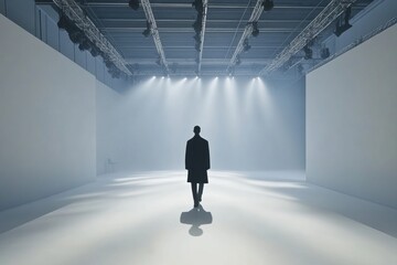 Poster - Monochromatic runway with a silhouetted figure set in minimalist design and soft lighting creating a serene atmosphere. Generative AI