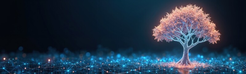 Fototapete - Digital glowing tree with interconnected network roots business growth strategy ecosystem approach. Futuristic landscape illustrates organic model, market value, agile workflow, strategic metrics.