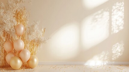 Poster - Party backdrop with shimmering tinsel and festive balloons in a minimalist space for celebrations and announcements. Generative AI