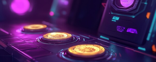Poster - Futuristic cryptocurrency tech setup with glowing bitcoin symbols