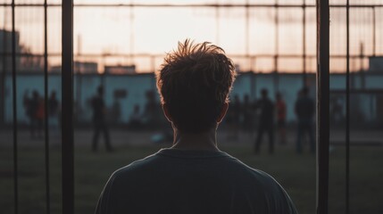 Wall Mural - Young man watches sunset basketball game