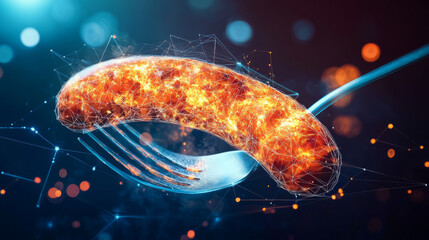 Poster - a hologram of a sausage. sausage on a fork made of polygons, triangles of dots and lines. sausage ic