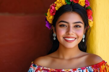 Wall Mural - Hispanic young female in colorful floral headpiece smiling brightly