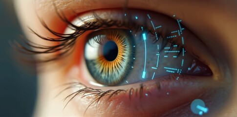 Fototapete - Macro of eye with retina scan, vision recognition system, checking user identification. Biometric futuristic technology for secure access, verification. Iris scan closeup modern smart graphic concept