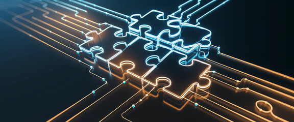 Poster - A high-tech digital visual featuring interconnected glowing puzzle pieces, symbolizing integration, technology, and seamless data connections in modern systems.