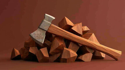 Poster - firewood and axe hologram, designed with polygons and lines. low-poly structure showcasing tradition