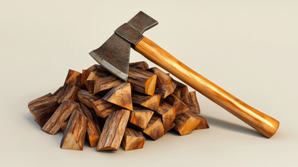 Poster - firewood and axe hologram, designed with polygons and lines. low-poly structure showcasing tradition