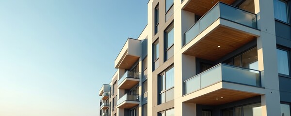 Poster - Modern apartment building exterior with sustainable design features. Residential architecture clean lines, balconies. Affordable housing development provides urban living with quality construction,