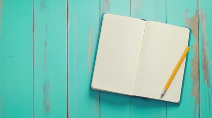 Leinwandbilder - Open notebook and pencil on bright wooden desk with spacious blank area for creativity and ideas. Generative AI