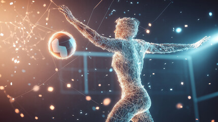 Poster - a hologram of volleyball. the volleyball player hits the ball of polygons, triangles of points and l