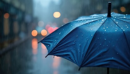 Poster - Close-up on blue umbrella with rain droplets during rainy day. Dark background with bokeh effect. Protection from inclement weather during the rainy season.