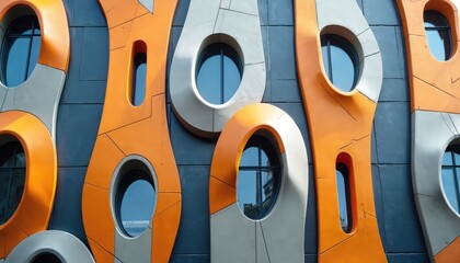 Aufkleber - Modern architecture building exterior. Features colorful geometric shape stone tiled wall facade. Contemporary design elements with unique patterns. Abstract architecture concept with round windows.
