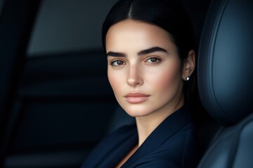 Wall Mural - Serene caucasian young female with dark hair sitting in car viewed from side