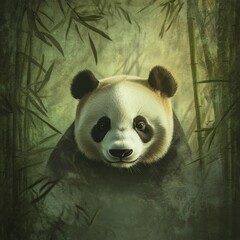 Fototapete - Panda portrait amidst lush bamboo in a tranquil forest setting with plenty of space for additional text. Generative AI