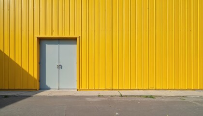 Aufkleber - Minimalist yellow building exterior with metal door. Modern industrial architecture, features clean geometric design, ribbed wall pattern. Urban commercial facade, property warehouse, factory.