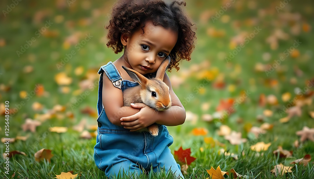 Little Girl Cradling a Bunny on a Bright Winter Day, A girl with a ...