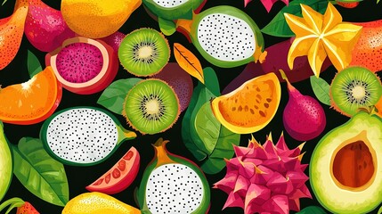 Wall Mural -   A close-up of various fruits on a black backdrop, featuring a cut-in-half kiwi and lush green foliage