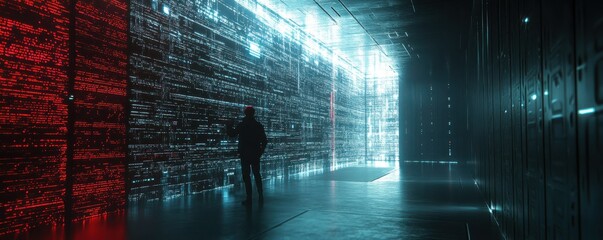 Poster - Silhouette of person in futuristic digital corridor with red and blue lights