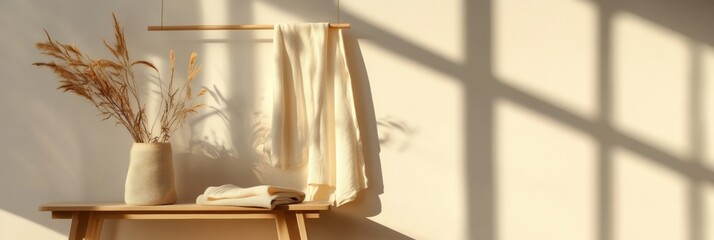 Poster - Minimalist clothing rack displays neatly arranged garments in a sunlit room with soft shadows and natural decor. Generative AI