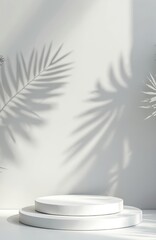 Poster - Minimal design. White cylinder podium stage for product presentation. Tropical leaf shadows on wall. Clean cosmetic showcase scene. Blank advertising template for natural beauty product promotion.