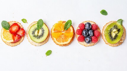 Wall Mural -   A cluster of fruit sandwiches arranged on a white platform with overlaying foliage