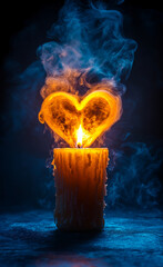 Poster - A candle with a heart shape is lit, creating a warm and romantic atmosphere. The smoke from the candle adds to the ambiance