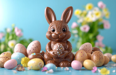 Wall Mural - A chocolate bunny holding an Easter egg is surrounded by a pile of Easter eggs. Concept of celebration and joy, as the bunny and eggs are associated with the Easter holiday